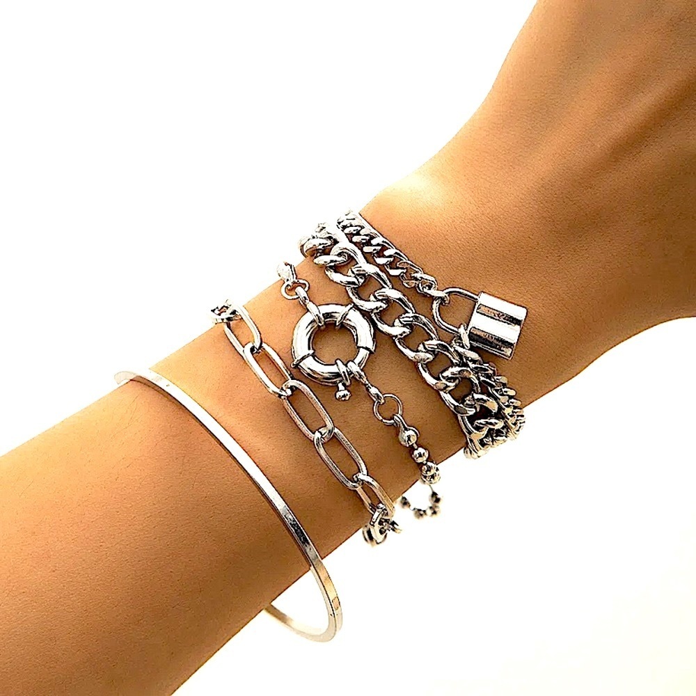 Beautiful Feminine Silver tone Five Stack Piece Charm Chain Arm Bracelet Set. - Picture 1 of 2